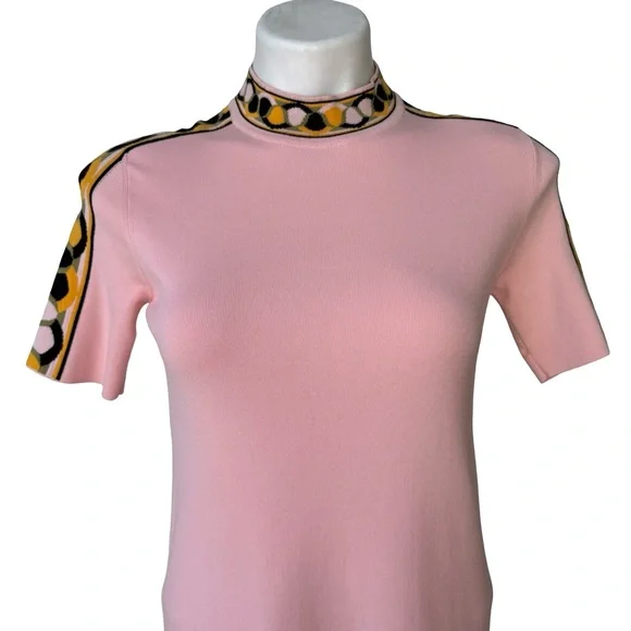 Emilio Pucci Knit Short Sleeve Mock Neck Dress with Geometric Border Trim, Sz XS - Picture 7 of 16